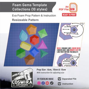 May include: A digital template for foam gems in various shapes and colors, including orange, green, blue, and pink. The image includes instructions, prop sizes of 6cm, 10cm, and 15cm, and the text "Foam Gems Template Collections (10 styles)".