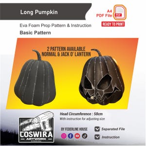 May include: A digital A4 PDF file for an EVA foam long pumpkin prop pattern. Includes instructions for a normal pumpkin and a Jack O' Lantern version. Features a 58cm head circumference with adjustment instructions by Coswira Artwork.