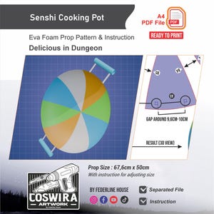 May include: A diagram for a Senshi Cooking Pot prop, featuring a colorful, segmented design with blue handles. The image includes instructions and the text "Delicious in Dungeon". The prop size is 67.6cm x 50cm. The diagram also includes a 3D view.