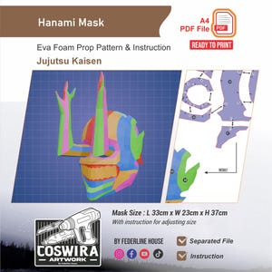 May include: A colorful, geometric Hanami mask design, with a matching pattern and instructions. The mask is made from Eva foam and is part of the Jujutsu Kaisen series. The mask measures 13 inches long, 9 inches wide, and 14.5 inches high.