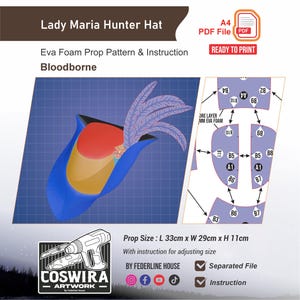 Könnte beinhalten: Digitale Illustration des Lady Maria Hunter Huts aus Bloodborne. Der Hut ist blau, gold und rot, mit Federakzent. Das Bild enthält Schnittmuster und Anweisungen. Requisitengröße: 33 cm x 29 cm x 11 cm.