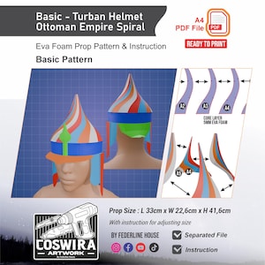 May include: A digital pattern for a Basic Turban Helmet, Ottoman Empire Spiral design. The image shows a 3D rendering of the helmet with blue, orange, green, and red stripes. Includes instructions and a PDF file. The helmet is 33cm long, 22.6cm wide, and 41.6cm high.