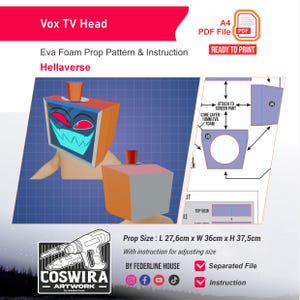 May include: Digital pattern for a Vox TV Head prop, with a cartoon design in orange and blue. Includes instructions and is ready to print. The prop size is approximately 27.6cm long, 36cm wide, and 37.5cm high. The pattern is for the Hellaverse.