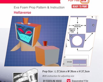 May include: A digital pattern for a Vox TV Head prop, featuring a cartoon-style design with orange and blue colors. The pattern includes instructions and is ready to print. The prop size is approximately 10.9 inches long, 14.2 inches wide, and 14.8 inches high.