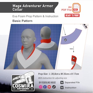 May include: A digital pattern for a Mage Adventurer Armor Collar. The design features a white and red collar, with a basic pattern and instructions. The prop size is 30.8cm long, 35cm wide, and 17cm high. The pattern is ready to print.