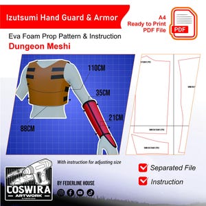 May include: Digital pattern for Izutsumi hand guard and armour, with instructions. The image shows a brown chest piece (88cm wide, 110cm high) and a red arm guard (35cm long, 21cm long). Includes a ready-to-print PDF file.