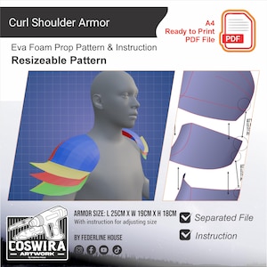 Peut inclure: Patron numérique pour l'armure d'épaule Curl, un accessoire en mousse Eva. Le design comprend un modèle 3D de l'armure, avec une palette de couleurs bleue, rouge, jaune et verte. Le patron est un fichier PDF A4 redimensionnable, 25 cm L x 19 cm l x 18 cm H.