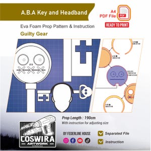 May include: A digital pattern for an A.B.A Key and Headband, featuring a key and a head-shaped design with a skull. The pattern includes instructions for adjusting the size, with a prop length of 190cm. The design is ready to print.