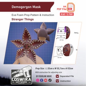 May include: A digital A4 PDF file for a Demogorgon mask EVA foam prop pattern. The image displays a five-petaled creature mask with sharp teeth, assembly diagrams, and the text: Demogorgon Mask, Stranger Things, Prop Size: L 32cm x W 55.7cm x H 52cm.