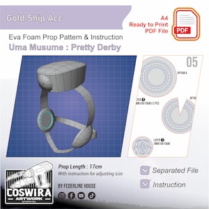 Op de afbeelding: Een digitaal patroon voor een goudkleurig rekwisiet, met een headset-ontwerp met een centraal cirkelvormig element. Het patroon bevat instructies en is ontworpen voor Eva-schuim. De rekwisietlengte is 17 cm.
