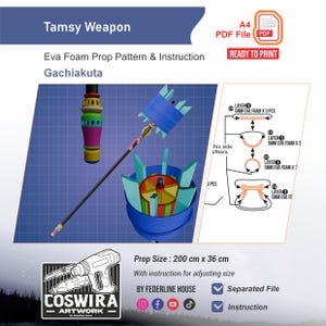 Puede incluir: Un patrón digital de accesorio de espuma EVA Tamsy Weapon e instrucciones para Gachiakuta. La imagen muestra un modelo 3D de un bastón largo con un mango azul, amarillo y magenta y una cabeza azul. Incluye una referencia de tamaño de 200 cm x 36 cm.