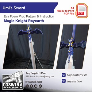 May include: A prop sword from the anime series Magic Knight Rayearth. The sword has a blue and silver blade with a decorative hilt featuring bat-like wings. The prop is made of Eva foam and is 100cm long. The image includes the text "Umi's Sword".