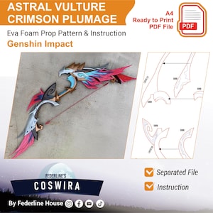 Könnte beinhalten: Ein Muster und eine Anleitung für einen Astral Vulture Crimson Plume Bogen aus Genshin Impact. Der Bogen ist silber, gold, blau und rot. Der Text auf dem Bild lautet "ASTRAL VULTURE CRIMSON PLUMAGE" und "COSWIRA".