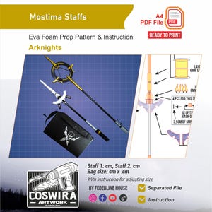 May include: An image featuring two prop staffs, a black carrying bag, and instructions for assembly. The staffs are black, silver, and gold. The bag is black with a white graphic. Text includes "Mostima Staffs" and "Arknights".