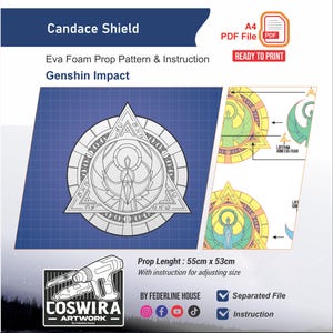 May include: A blueprint-style design for a Candace Shield prop from Genshin Impact. The design includes a central circular emblem with a triangular top, detailed with lines and symbols. The image also includes instructions and is ready to print. The prop measures 21.65 inches by 20.87 inches.