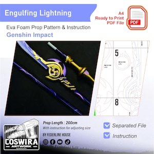 Puede incluir: Imagen de un patrón e instrucciones para un arma Engulfing Lightning de Genshin Impact. El accesorio mide 200 cm de largo y está hecho de espuma EVA. La imagen incluye un archivo PDF listo para imprimir e instrucciones.