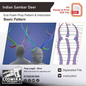 May include: An illustration of an Indian Sambar Deer head prop pattern. The image includes a 3D rendering of a deer head with colorful antlers, a pattern layout, and text indicating the prop length is 50cm. The pattern is a ready-to-print PDF file.