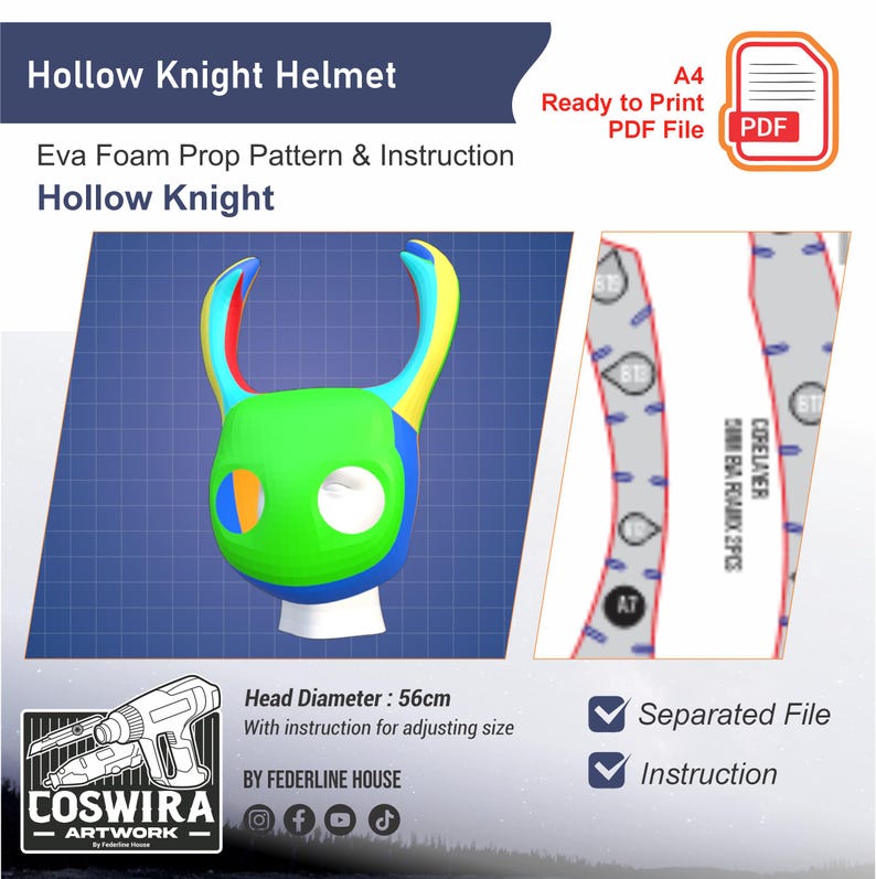 May include: A colorful Hollow Knight helmet design, featuring green, blue, yellow, and red accents. The image includes a pattern and instructions for an Eva foam prop. The head diameter is 56cm. The design is ready to print as a PDF file.