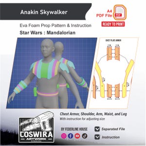 May include: An A4 PDF digital file containing an EVA foam prop pattern for Anakin Skywalker chest armor, shoulder, arm, waist, and leg pieces. The document includes instructions for adjusting size, separated files, and a visual guide for assembly.