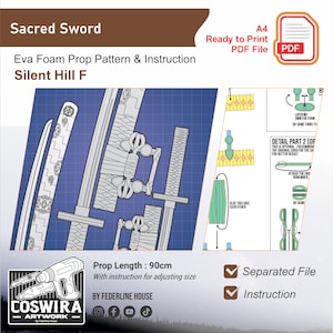 Puede incluir: Un plano de un patrón de utilería "Sacred Sword" para "Silent Hill F", con una longitud de 90 cm. Incluye instrucciones y un archivo PDF listo para imprimir. El diseño presenta componentes detallados de la espada.