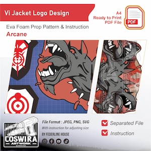 Może przedstawiać: Cyfrowy projekt logo Vi Jacket, zawierający wzór rekwizytu z pianki Eva i instrukcje. Projekt zawiera stylizowaną ilustrację warczącej głowy psa w kolorze szarym i czerwonym, ze słowem "Arcane". Zawiera plik PDF.