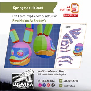 May include: A colorful Springtrap helmet pattern and instructions for Five Nights At Freddy's. The design includes a head circumference of 22.8 inches, with instructions for size adjustment. The pattern is a PDF file, ready to print.