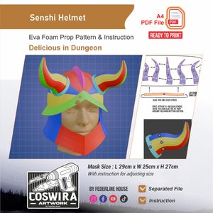 May include: A colorful Senshi helmet pattern and instruction sheet. The helmet, designed for cosplay, features a multi-colored design with horns. The mask dimensions are 29cm L x 25cm W x 27cm H. The text "Delicious in Dungeon" is also visible.