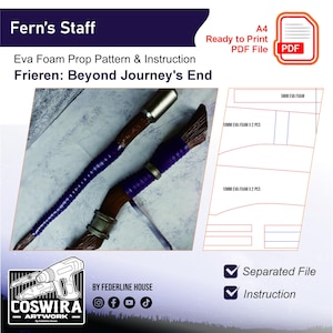 May include: An image of a Fern's Staff prop pattern and instruction set for the anime series Frieren: Beyond Journey's End. The staff is brown and purple with metallic accents. The image includes a PDF file icon and text that reads "Ready to Print PDF File."