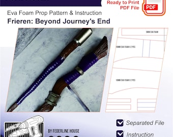May include: An image of a Fern's Staff prop pattern and instruction set for the anime series Frieren: Beyond Journey's End. The staff is brown and purple with metallic accents. The image includes a PDF file icon and text that reads "Ready to Print PDF File."