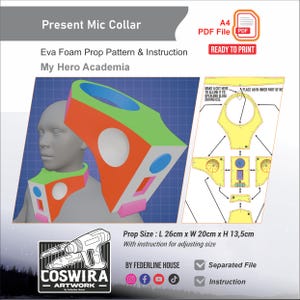 May include: A colorful Present Mic Collar prop pattern and instruction sheet for My Hero Academia. The prop is made of Eva foam and measures approximately 10.2 inches long, 7.9 inches wide, and 5.3 inches high. Includes a ready-to-print PDF file.