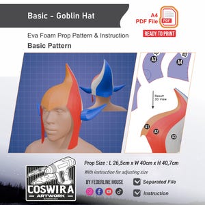 May include: A digital pattern for a Basic Goblin Hat, featuring a red, orange, and blue design. The image includes a 3D view of the hat, pattern pieces, and the text "READY TO PRINT". The prop size is 10.4 inches long, 15.7 inches wide, and 16 inches high.