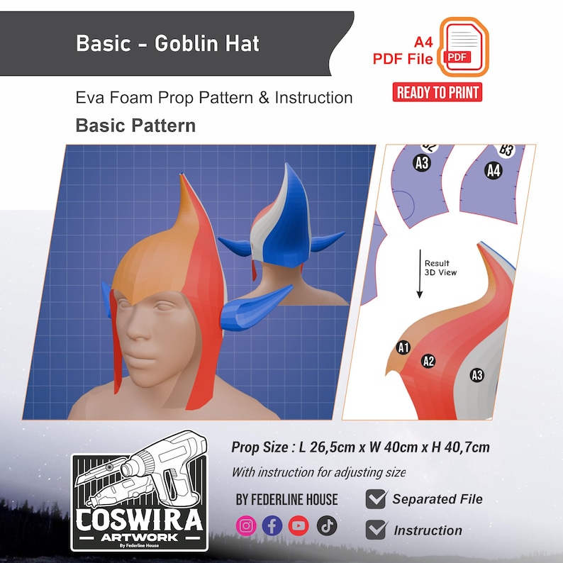 May include: A digital pattern for a Basic Goblin Hat, featuring a red, orange, and blue design. The image includes a 3D view of the hat, pattern pieces, and the text "READY TO PRINT". The prop size is 10.4 inches long, 15.7 inches wide, and 16 inches high.