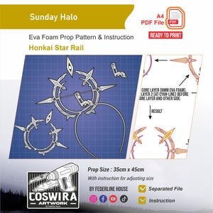 Könnte beinhalten: Eine blaupausenartige Illustration für ein "Sunday Halo"-Requisit aus "Honkai Star Rail". Das Design umfasst Muster und Anweisungen für ein EVA-Schaumstoff-Requisit mit einer Größe von 35 cm x 45 cm. Das Bild enthält auch den Text "READY TO PRINT".