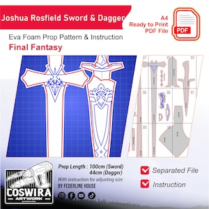 Pode incluir: Um padrão PDF digital para um adereço de espada e adaga de espuma Eva de Final Fantasy. A espada tem 100 cm de comprimento e a adaga 44 cm. Inclui instruções e um arquivo separado para impressão fácil.