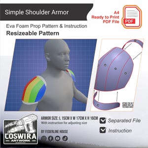 May include: Digital pattern for simple shoulder armor. The image shows a 3D model wearing the armor with rainbow-colored accents. The pattern is labeled as resizeable and includes instructions. Armor size: L 5.9in x W 6.7in x H 6.3in. Includes a separated file and instructions.