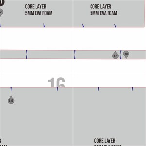May include: Diagram of a layered structure with text labels. The top and bottom layers are labeled "CORE LAYER 5MM EVA FOAM". The number "16" is prominently displayed. Additional labels include "B7", "B8", and "B13".