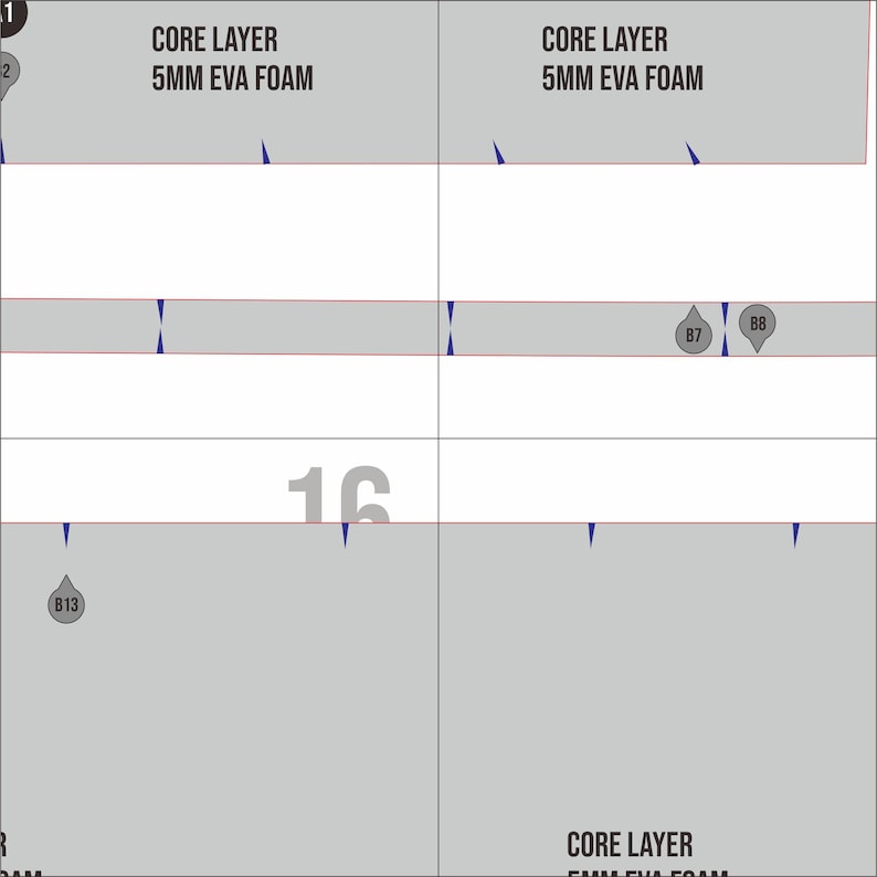 May include: Diagram of a layered structure with text labels. The top and bottom layers are labeled "CORE LAYER 5MM EVA FOAM". The number "16" is prominently displayed. Additional labels include "B7", "B8", and "B13".