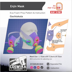 May include: A digital illustration of an Enjin mask, a prop pattern for cosplay. The mask is purple, green, and pink, with a white head in the background. The mask measures 15cm x 17.6cm x 15cm. Includes instructions and a separated file.