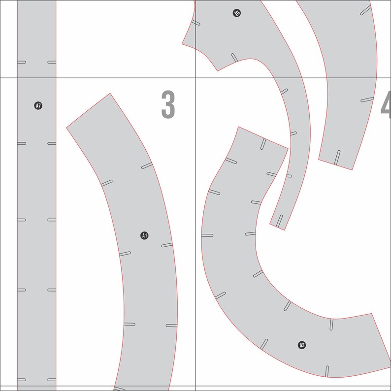May include: A detailed diagram with gray curved shapes and straight lines, marked with numbers and letters. The shapes have small rectangular cutouts along their edges, and the number "3" is prominently displayed.