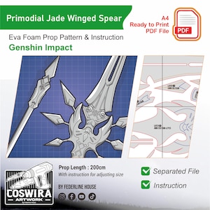 Puede incluir: Un patrón digital para un accesorio Primordial Jade Winged Spear de Genshin Impact. La imagen muestra un diseño estilo plano con una ilustración de lanza, un icono de archivo PDF y un diseño de patrón. La longitud del accesorio es de 200 cm.