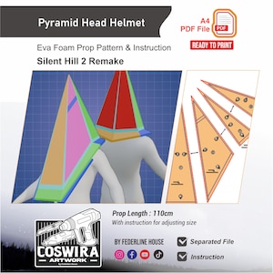 May include: A digital pattern for a Pyramid Head Helmet from Silent Hill 2 Remake. The image shows a 3D model of the helmet with a red, orange, and blue pyramid shape. The prop length is 43.3 inches. Includes instructions and a separated file.