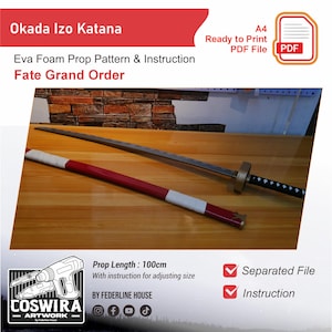 Op de afbeelding: Een Okada Izo Katana prop patroon en instructieset voor Fate Grand Order. Het rekwisietzwaard is zilverkleurig met een zwarte handgreep en gouden accenten. De lengte van de prop is 100 cm. De set bevat een apart bestand en instructies.