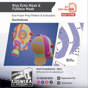 May include: Digital pattern for a Riyo Echo and Fullface mask, featuring a colorful design with yellow, pink, and green accents. Includes instructions and a ready-to-print PDF file. Head circumference: 58cm.