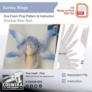 Puede incluir: Un patrón de accesorios de cosplay para Honkai Star Rail, con alas azules y blancas. La imagen incluye una peluca con las alas adjuntas, un icono de archivo PDF y el texto "Sunday Wings" y "Eva Foam Prop Pattern & Instruction". La longitud del accesorio es de 25 cm.