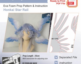 May include: A cosplay prop pattern for Honkai Star Rail, featuring a pair of blue and white wings. The image includes a wig with the wings attached, a PDF file icon, and text that reads "Sunday Wings" and "Eva Foam Prop Pattern & Instruction". The prop length is 25cm.