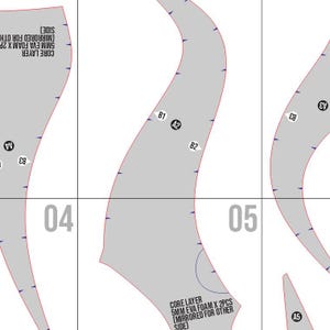 May include: A segmented image of a pattern for crafting. The pattern pieces are gray with blue markings and labels. The numbers "04" and "05" are visible. Text includes "CORE LAYER 5MM EVA FOAM X 2PCS (MIRRORED FOR OTHER SIDE)".