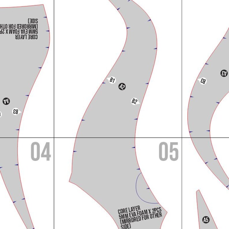 May include: A segmented image of a pattern for crafting. The pattern pieces are gray with blue markings and labels. The numbers "04" and "05" are visible. Text includes "CORE LAYER 5MM EVA FOAM X 2PCS (MIRRORED FOR OTHER SIDE)".