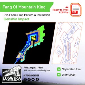 May include: A colourful prop pattern for the "Fang of Mountain King" from Genshin Impact. The image shows a detailed design with a length of 175cm, ready to print as a PDF file. Includes instructions for adjusting size.