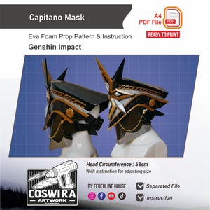 May include: A digital product listing for a Capitano mask EVA foam prop pattern and instruction set. The image displays two views of a black, gold, and silver mask with a 58cm head circumference, featuring a gold chain and geometric details.