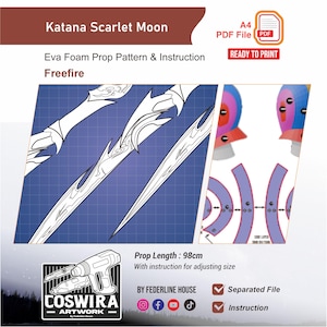 Może przedstawiać: Cyfrowy plik PDF A4 z wzorem rekwizytu z pianki Eva Katana Scarlet Moon. Dokument zawiera rysunki liniowe ostrza miecza na niebieskim tle w kratkę, kolorowe schematy elementów oraz tekst informujący o długości rekwizytu wynoszącej 98cm.